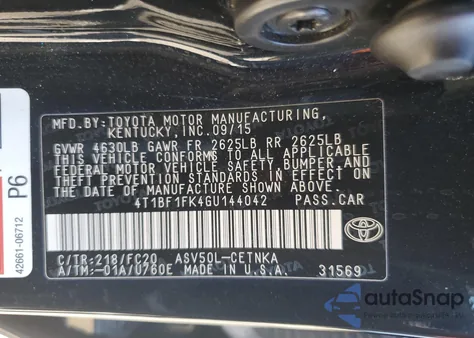 2016 Toyota Camry Le from USA, damaged, VIN 4T1BF1FK4GU144042